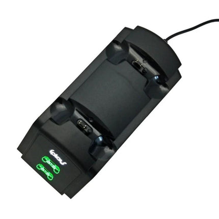 iPlay Charging Stand for PS4 Controllers in Home Gaming Sessions black dual USB dock with LED indicators and two PS4 controller slots