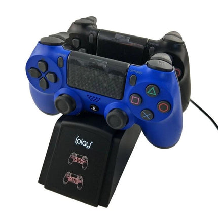 iPlay Charging Stand for PS4 Controllers in Home Gaming Sessions with two DualShock controllers charging via USB