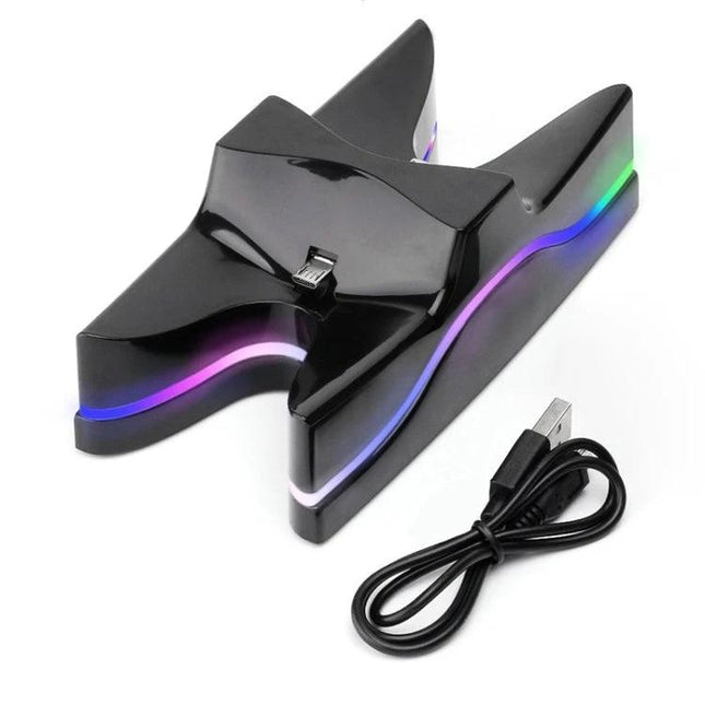 Charging Stand for PS4 Controllers in Home Gaming Sessions - UFO-shaped dual charger with RGB light and USB cable