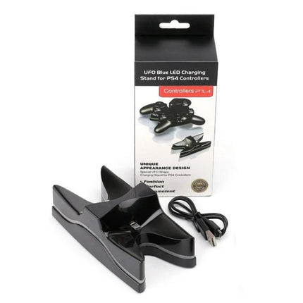 Charging Stand for PS4 Controllers in Home Gaming Sessions - UFO-shaped dual controller charger with USB cable