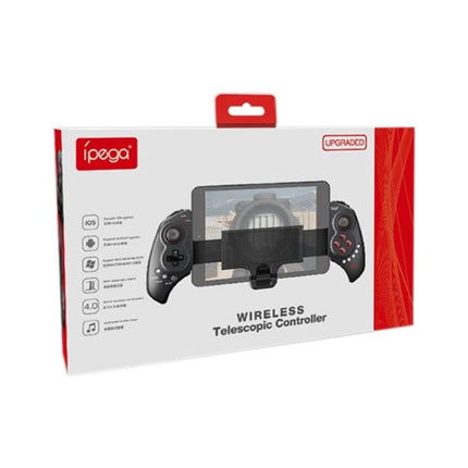 Ipega Telescopic Controller for Everyday Android Tablet Gaming in retail box showing wireless telescopic controller with tablet mounted