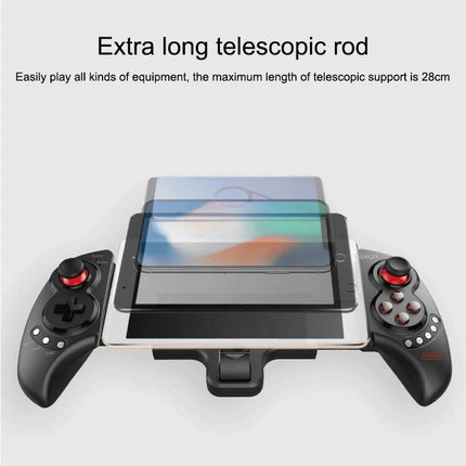 Ipega Telescopic Controller for Everyday Android Tablet Gaming showing extended telescopic rod holding different tablet sizes for comfortable couch play