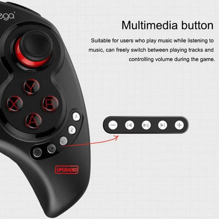 Ipega Telescopic Controller for Everyday Android Tablet Gaming showing black controller with multimedia buttons and labeled upgraded