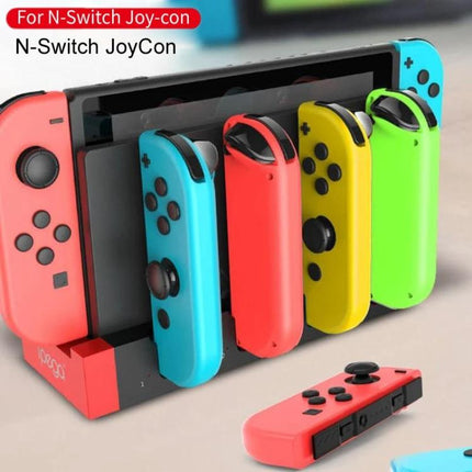 iPega Stand for Charging Nintendo Switch Joy-Con at Home with four colorful Joy-Con controllers docked