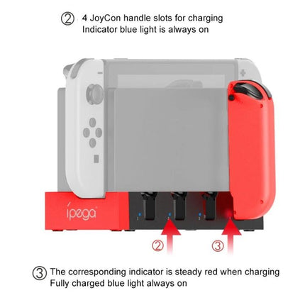iPega Stand for Charging Nintendo Switch Joy-Con at Home – compact 4-slot dock showing red Joy-Con charging indicators