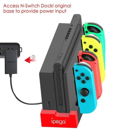 iPega Stand for Charging Nintendo Switch Joy-Con at Home showing four Joy-Cons docked and charging on red iPega base
