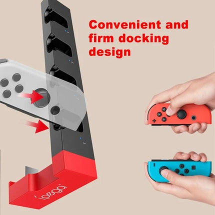 iPega Stand for Charging Nintendo Switch Joy-Con at Home – vertical four-port charger dock showing red and blue Joy-Cons being inserted