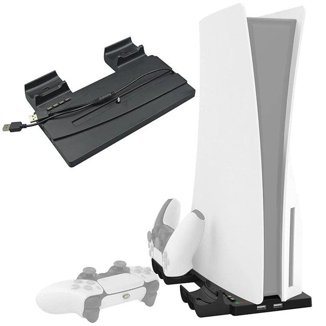iplay Charging Stand for PS5 Controllers in Home Gaming showing dual dock with PS5 console and two controllers
