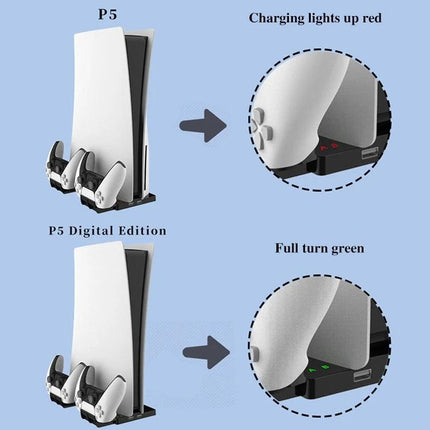 iplay Charging Stand for PS5 Controllers in Home Gaming - dual PS5 controller charger showing red charging and green full lights