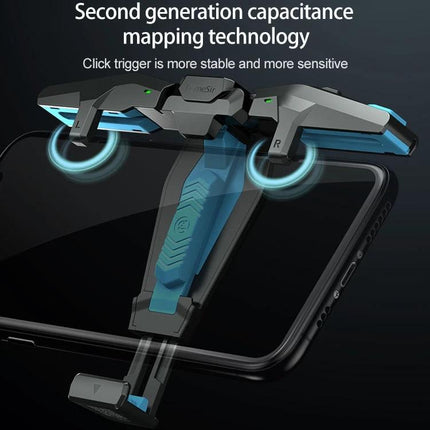 GameSir Gamepad for Gaming with Your Smartphone Anywhere showing clamp-style controller with capacitance triggers attached to a smartphone