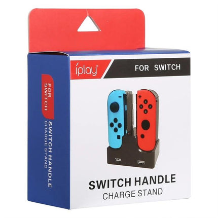 Home Charging Stand for Nintendo Switch Controllers by iplay - compact 4-port Joy-Con charging stand with blue and red controllers