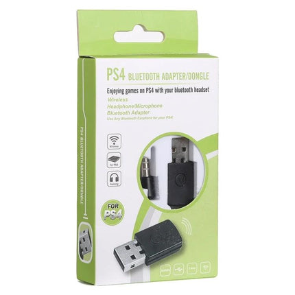 Compact Bluetooth Adapter for Home Gaming and Music Use — USB dongle and 3.5mm audio jack shown in retail PS4 packaging