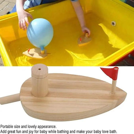 Wooden Balloon-Powered Bath Boat Toy With 2 Balloons, 16cm