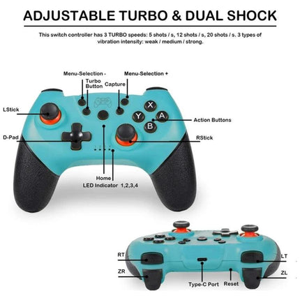 Game Controller for Everyday Nintendo Switch Gaming Sessions - turquoise wireless Bluetooth gamepad with adjustable turbo, dual shock and labeled buttons