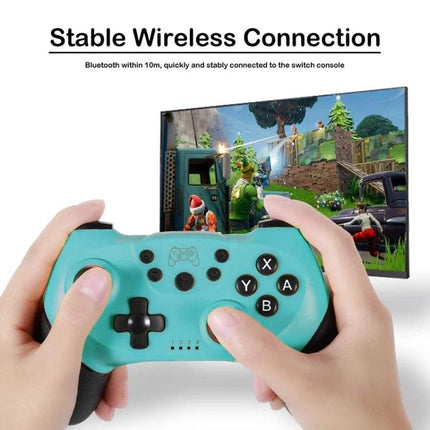 Game Controller for Everyday Nintendo Switch Gaming Sessions - turquoise wireless Bluetooth gamepad held in hands in front of TV