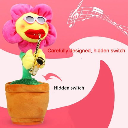 Adorable Plush Toy for Children's Daily Music Fun at Home - pink flower plush with sunglasses and saxophone in pot, wireless songs and hidden switch