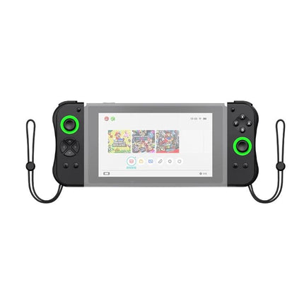 Joy-Con Style Controllers for Daily Nintendo Switch Gaming - black wireless Joy-Con style controllers attached to console with green thumb rings