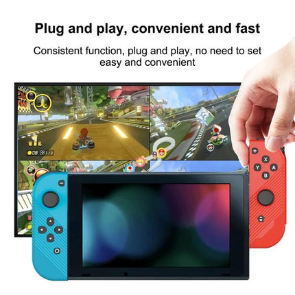 Joy-Con Style Controllers for Daily Nintendo Switch Gaming - blue and red wireless controllers attached and used for split-screen family racing gameplay