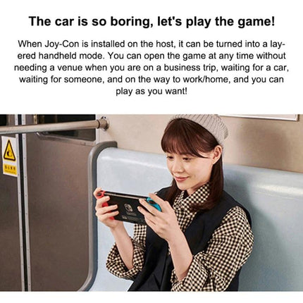 Joy-Con Style Controllers for Daily Nintendo Switch Gaming showing a person playing handheld on public transport, wireless detachable controllers