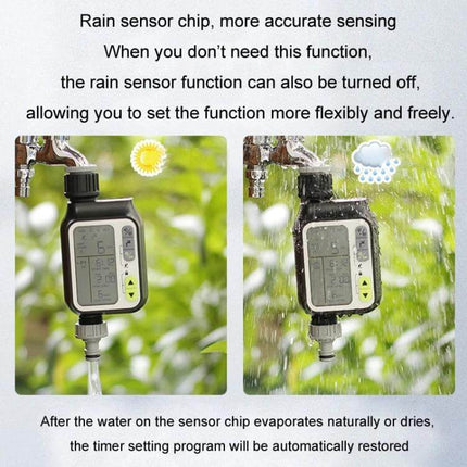 NADSTER Garden Waterer With Timed Rain Sensor Single Outlet showing rain sensor chip and LCD timer on faucet during dry and rainy conditions