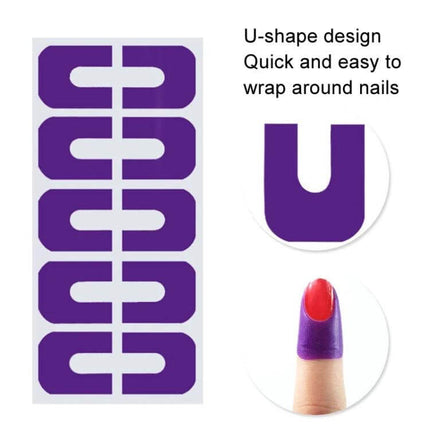 Nail Art Anti-Spill U-Shape Stickers 10pc Pack For Clean Polish - purple U-shape nail stickers shown on sheet and applied to fingertip