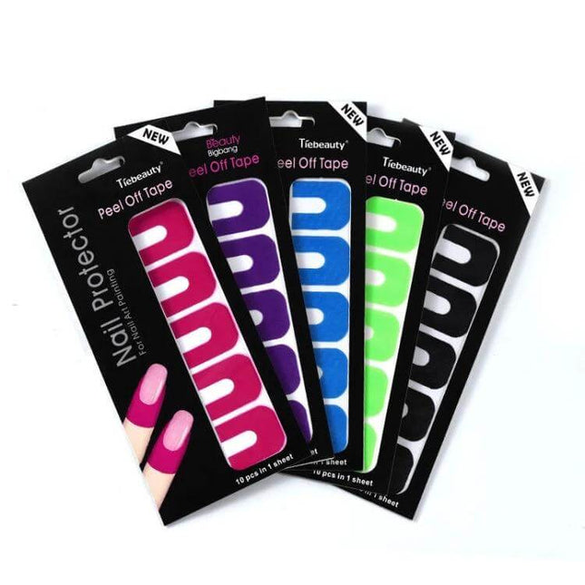 Nail Art Anti-Spill U-Shape Stickers 10pc Pack For Clean Polish – colorful U-shaped peel off tape nail protectors in pink purple blue green black