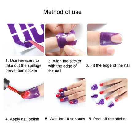 Nail Art Anti-Spill U-Shape Stickers 10pc Pack For Clean Polish showing step-by-step application on nails to prevent polish spills and tidy edges