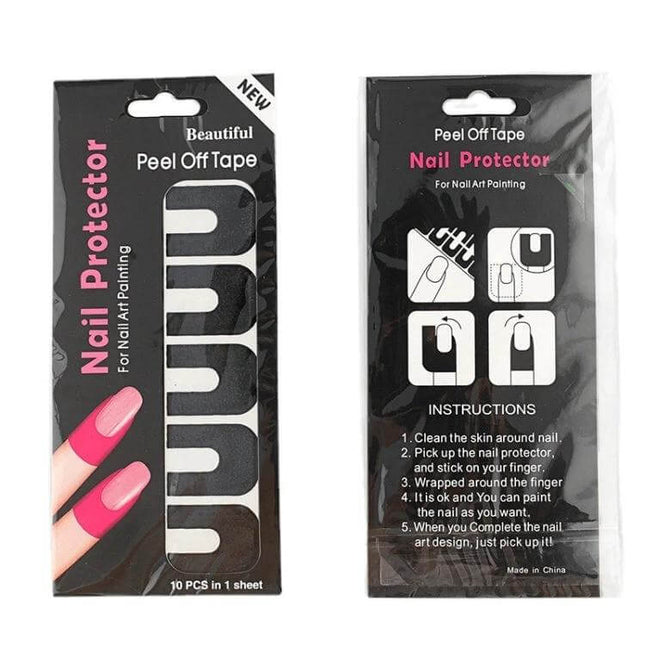 Nail Art Anti-Spill U-Shape Stickers 10pc Pack For Clean Polish – black peel-off U-shaped nail protector stickers in retail packaging