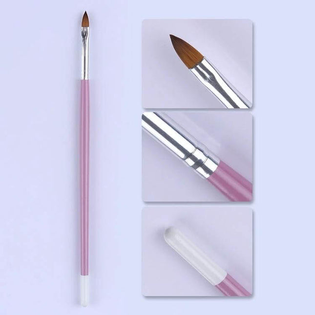 Nail Art Brush Set With 7 Heads For Detailing And Patterns - pink metal-handle detailing brush showing fine pointed head, ferrule, and protective cap
