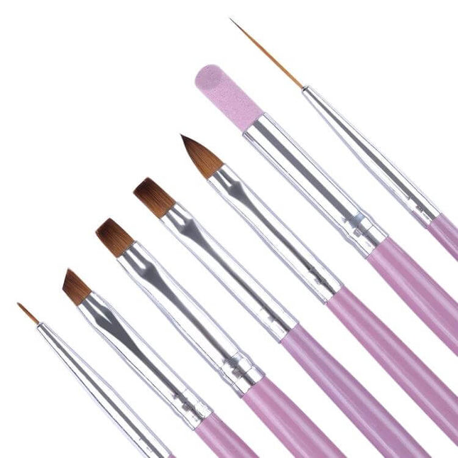 Nail Art Brush Set With 7 Heads For Detailing And Patterns - pink metal-handle brushes for precise lines, petals, fine details on gel, acrylic, polish