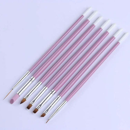 Nail Art Brush Set With 7 Heads For Detailing And Patterns Pink metal-handle brushes for precise lines, petals and patterns on gel, acrylic and polish