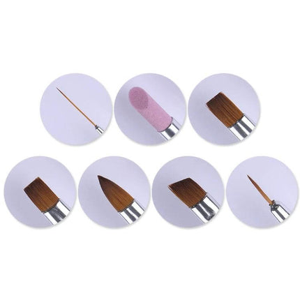 Nail Art Brush Set With 7 Heads For Detailing And Patterns – seven metal-handle brushes showing fine liner, dotting, flat, angled, pointed, and specialty heads