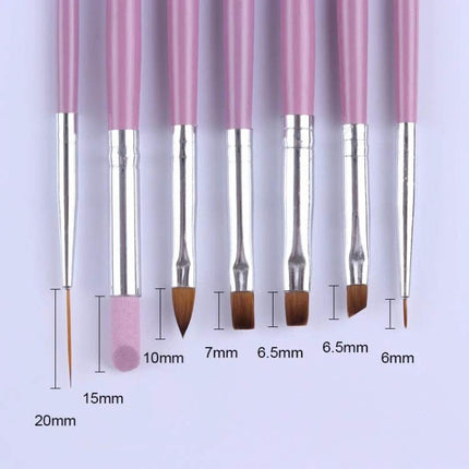 Nail Art Brush Set With 7 Heads For Detailing And Patterns - pink metal handles showing seven distinct brush heads for fine lines, petals and patterns