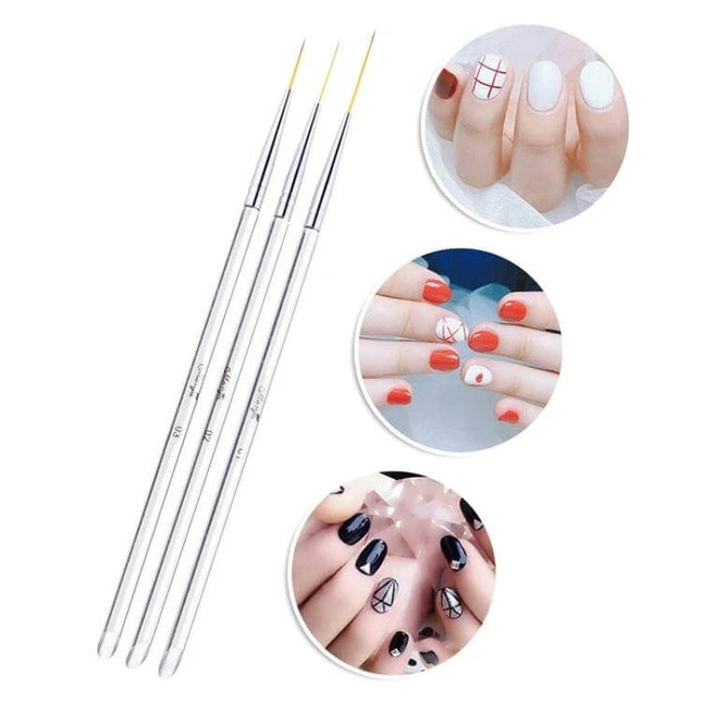 Nail Art Double-Ended Color Brush Set for Fine Details - three precision brushes with example fine-line nail designs