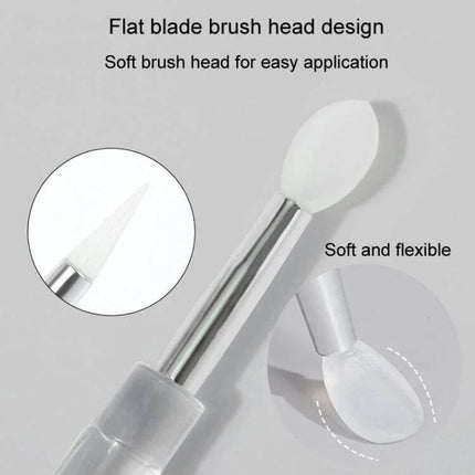 Nail Art Silicone Applicator Sticks 2-Pack For Powder And Eyeshadow - close-up of flat leaf silicone tip with aluminum tube and plastic handle