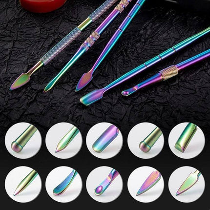 Nail Art Tool Set 5 In 1 For DIY Home Manicure And Nail Art - stainless steel rainbow manicure tools for cuticle care, shaping and residue cleanup