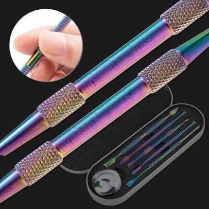Nail Art Tool Set 5 In 1 For DIY Home Manicure And Nail Art – rainbow stainless steel precision tools with compact storage case