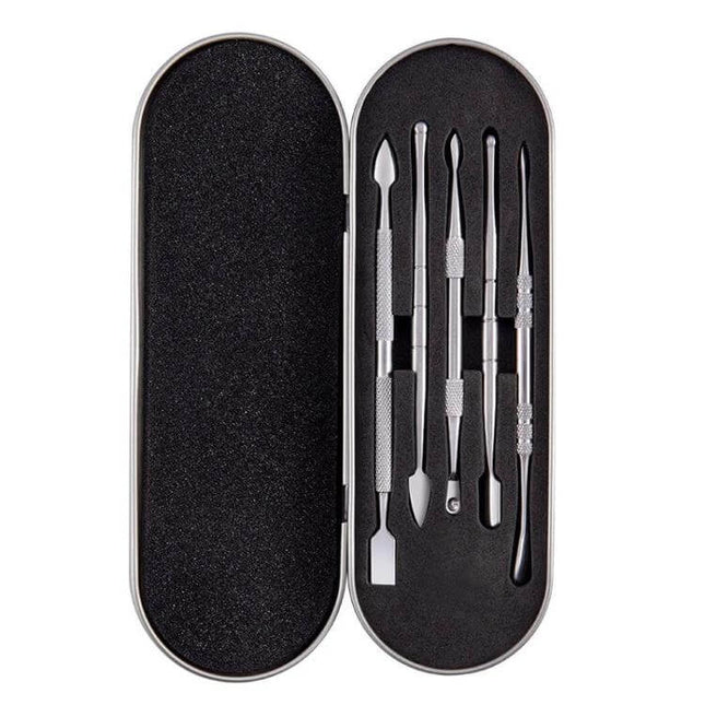 Nail Art Tool Set 5 In 1 For DIY Home Manicure And Nail Art — stainless steel compact case with 5-in-1 manicure, cuticle and nail art tools