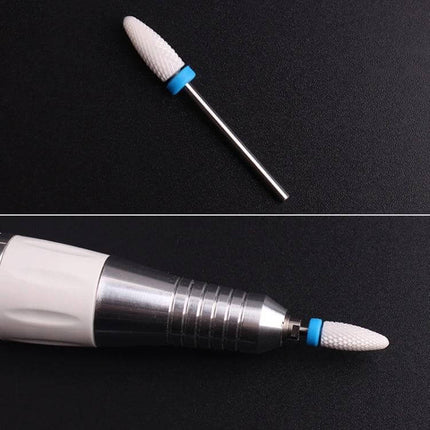Nail Ceramic Grinding Head For Electric Nail Drill Cylindrical 49x6mm white ceramic bit shown detached and mounted on e‑file for nail shaping