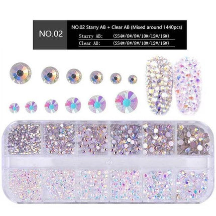 Nail Flat-Back AB Crystal Rhinestones, Mixed Sizes for Manicure - SS4–SS16 flat-back AB glass rhinestone nail art kit