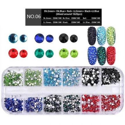 Nail Flat-Back AB Crystal Rhinestones, Mixed Sizes for Manicure – mixed SS4–SS16 AB-coated glass rhinestones in storage case for nail art and small decor