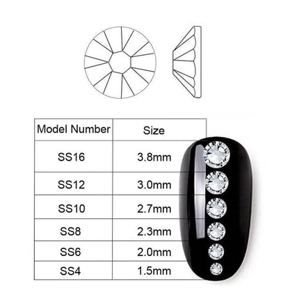 Nail Flat-Back AB Crystal Rhinestones, Mixed Sizes for Manicure on black nail showing SS16–SS4 size chart and flat-back profile