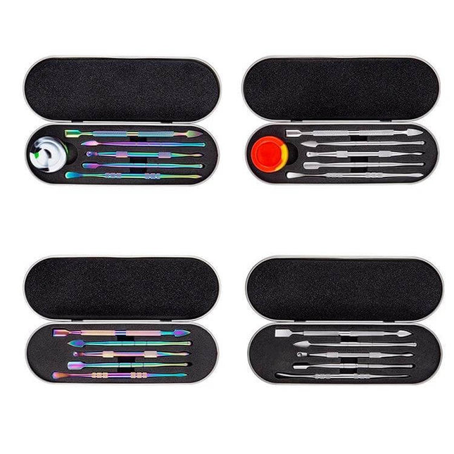 Nail Art Tool Set 5 In 1 For DIY Home Manicure And Nail Art showing four compact stainless steel kits with tools for shaping, cuticle care and residue cleanup