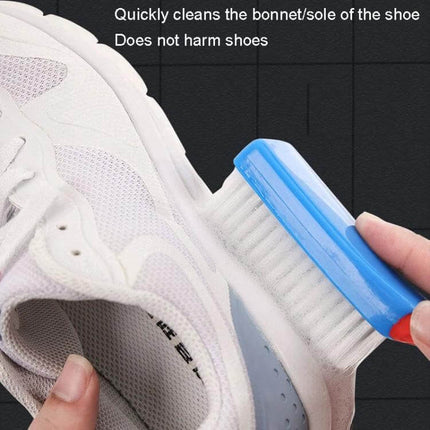 Nano Brush Soft Cleaning Brush For Shoes And Clothes gently scrubbing white sneaker mesh with curved handle and soft nano-filament bristles