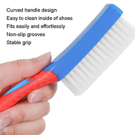 Nano Brush Soft Cleaning Brush For Shoes And Clothes showing curved handle, non-slip grooves and soft white nano-filament bristles for gentle shoe and fabric cleaning