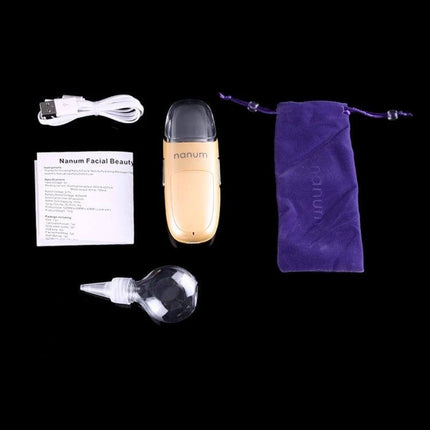 Nanum Facial Hydrating Massager Mini Humidifier For Daily Hydration - compact gold device with USB, nozzle, instructions and purple pouch