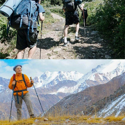 Necasil Three Section Aluminum Trekking Pole Black used by hikers on rocky trail and mountain terrain for stability and reduced fatigue