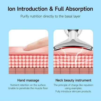 Neck Beauty Massager, Oval Shape For Neck And Facial Relaxation showing ion introduction and full absorption with device on skin