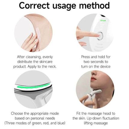 Neck Beauty Massager, Oval Shape For Neck And Facial Relaxation showing correct usage steps with device applied to neck, modes, and power button