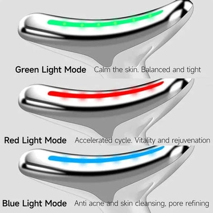 Neck Beauty Massager, Oval Shape For Neck And Facial Relaxation - chrome device showing green, red, blue light modes for calming, rejuvenation, acne care